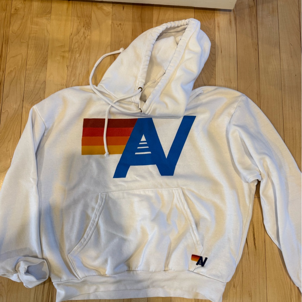 Aviator Nation White Hoodie with Blue and Multicolor Logo